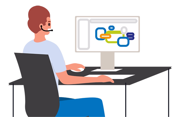 illustrated character at computer